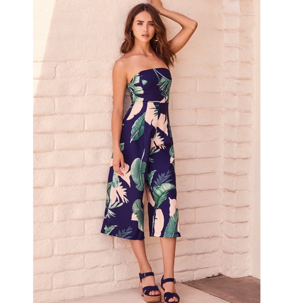 Lulu’s rain forest midi strapless jumpsuit